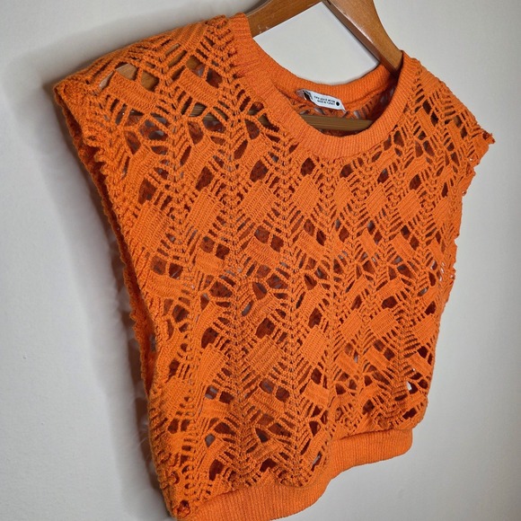 Zara Orange Crochet Knit Crop Top Boho Festival Tank Top Size Small - Picture 2 of 4